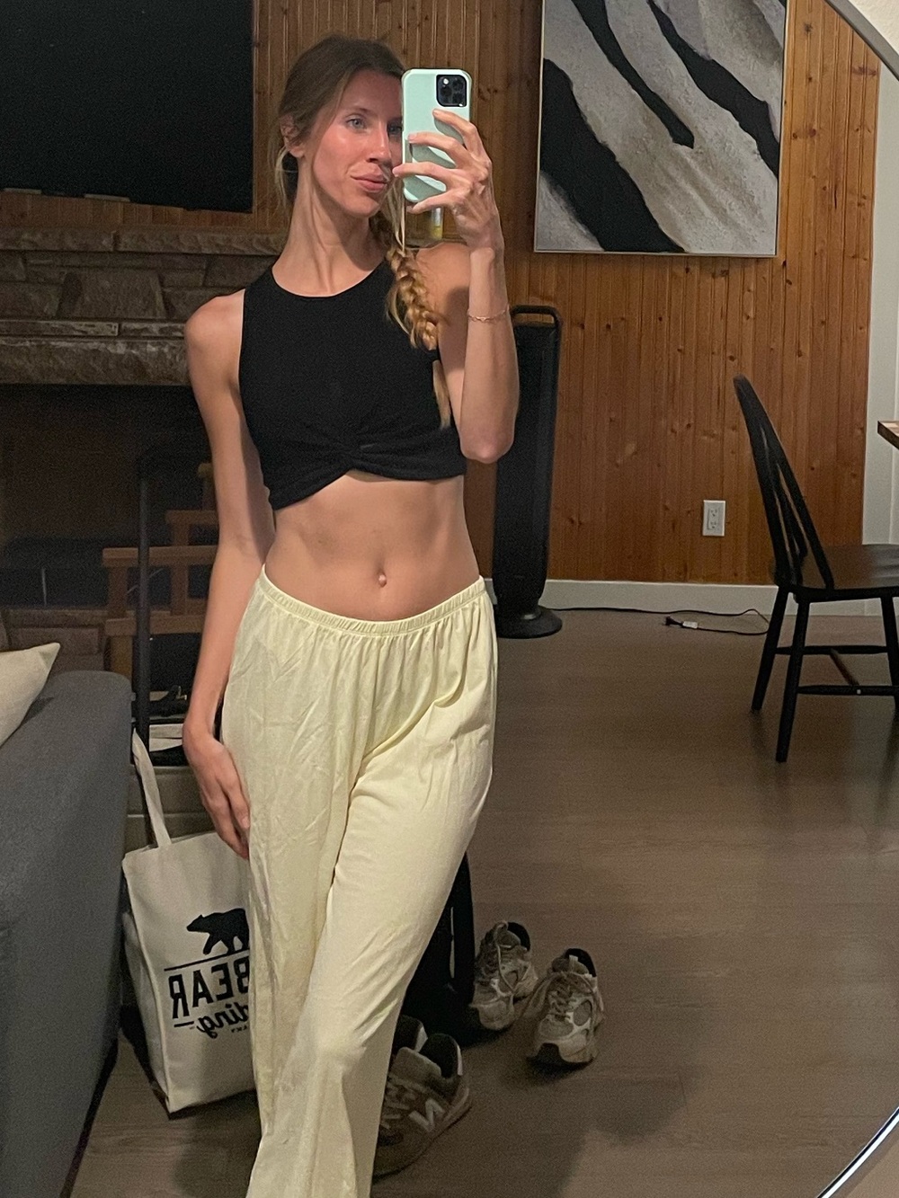 Black Cropped Front Knot Ribbed Cami